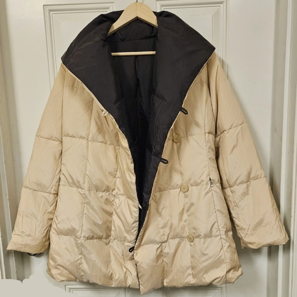 Zara Brown white reversible hooded quilted puffer jacket winter cozy size L - Picture 2 of 14